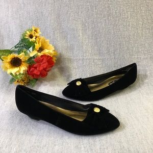 NWT - Black Velvet Flats with Bow and Gold Button Trim